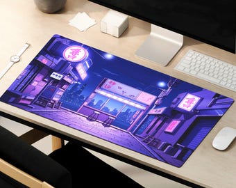 May include: A purple and blue anime-style illustration of a city street at night. The street is lined with buildings with neon signs and glowing windows. The buildings have Japanese characters on them.