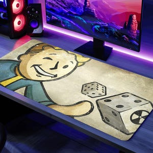May include: A beige and brown gaming mouse pad featuring a cartoon character with a large smile and a blue and yellow outfit. The character is holding a dice in one hand and there are two dice on the mouse pad.