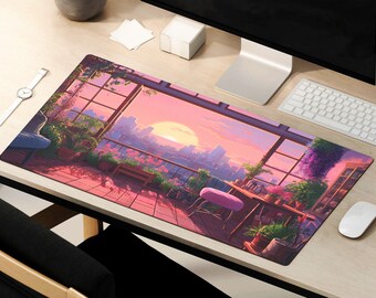 May include: A pink and purple sunset cityscape scene with a balcony overlooking the city. The scene is printed on a large rectangular mouse pad with a black edge.