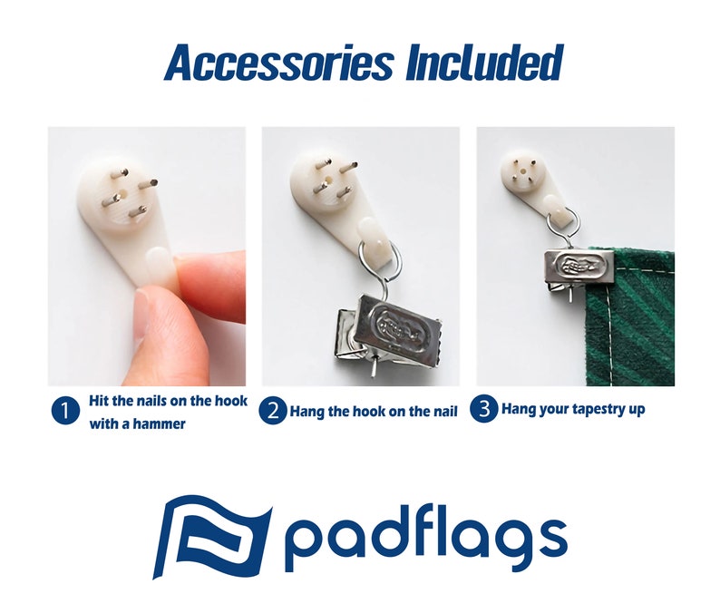 May include: Instructions on how to hang a tapestry using a hook and nails. The image shows a white plastic hook with three nails, a silver hook with a clip, and a green tapestry with a clip attached.