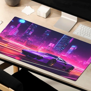 Cyber Car Desk Mat, Cyberpunk Inspired Mouse Pad, Futuristic Mousepad, Neon Synthwave, Mouse Pad Cyberpunk Vaporwave Tokyo Retrowave