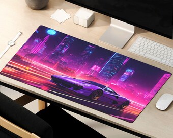 May include: A purple sports car drives through a neon cityscape at night. The car is speeding down a road with bright lights and streaks of light behind it. The city is filled with tall buildings and neon signs.