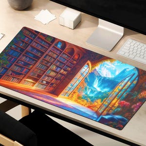 May include: A rectangular desk mat featuring a vibrant, colorful illustration. The design depicts a library interior with bookshelves and a window overlooking a mountain landscape. The mat is on a light-colored wooden desk, with a keyboard and mouse visible.