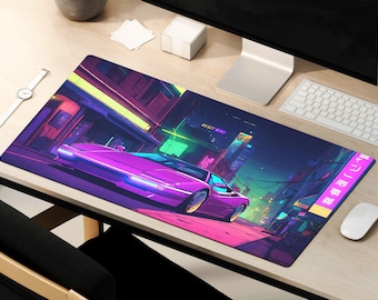 May include: A purple and pink sports car drives through a neon-lit city at night. The car is a popular model from the 1980s. The mousepad is designed with a retro aesthetic.