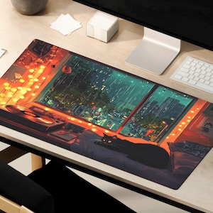 May include: A black cat sleeps on a bed with a city view outside the window. The room is decorated with string lights and a record player. The desk mat is a great addition to any gamer's setup.