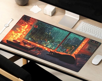 Lofi Cat Desk Mat, Anime Mouse Pad, Cozy Themed Desk Mat, Anime Playmat, Aesthetic Japanese Mat Houseplants Cottagecore Kawaii Gaming Pad