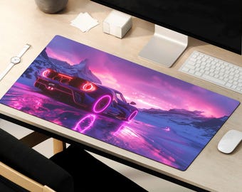 May include: A purple and pink gaming mouse pad with a black sports car on a snowy landscape. The car has neon pink accents around the wheels.