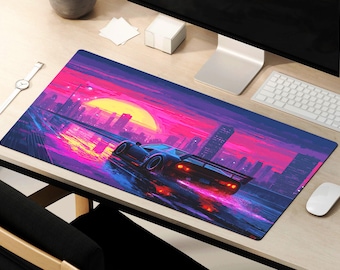 May include: A pink and purple gradient mousepad with a black sports car driving through a city at sunset. The car has red taillights and is surrounded by neon lights.