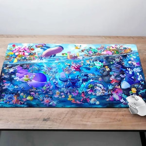 May include: A colorful mousepad featuring a vibrant underwater scene with various Pokemon characters swimming in a blue and green ocean. The mousepad is rectangular and has a smooth surface.