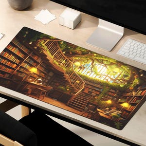 May include: A large, detailed illustration of a library with a winding staircase and a tree growing through the center. The library is filled with bookshelves and has a warm, inviting atmosphere.