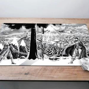 May include: Black and white illustration of two figures in a snowy landscape. One figure is holding a sword and the other is holding a staff. The figures are standing in front of a large tree. The background is a city with buildings and a bright light in the sky.