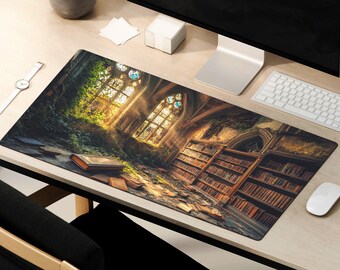 May include: A large, detailed mousepad featuring a vintage library with bookshelves filled with books. The library is overgrown with plants and vines, and there are large stained glass windows. The mousepad is perfect for gamers or anyone who wants to add a touch of whimsy to their desk.