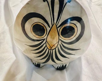 Mexikanische Tonala Handbemalte Keramik Eule Skulptur 70er Jahre Volkskunst