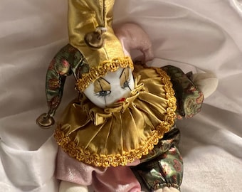 Vintage Porzellankopf Harlekin Jester Doll Gold / Lila Kantenhocker