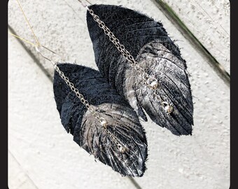 Navy leather feather earrings