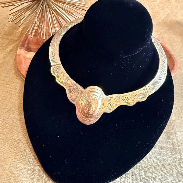 Vintage Gold Tone Torque Necklace | Etched Collar, Tribal Choker