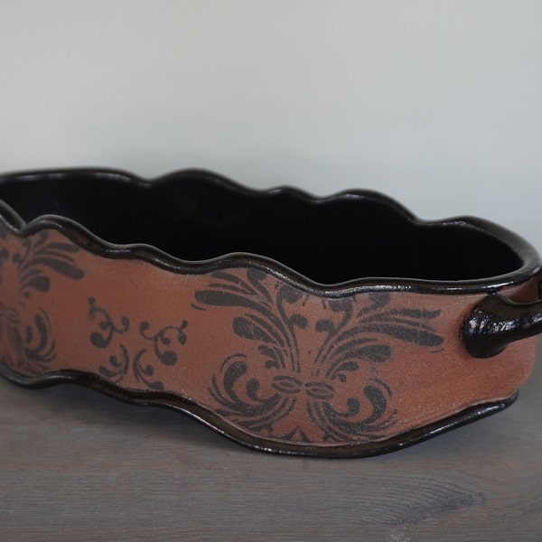 Black and Stoneware Altered Tray with Damask Pattern