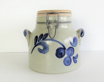 Salt Glazed Stoneware Crock with Lid Handled Handgemalt Pottery West Germany Blue Gray