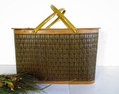 Vintage Brown Woven Picnic Basket or Hamper, Gold Metal Handles, Hinged Lid, Mid Century Charm, Farmhouse