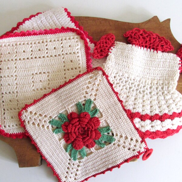 Vintage Crocheted Potholders Red and White 1950s Retro Kitchen Decor
