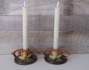 Roseville Pottery Candlesticks Water Lily Pattern TerraCotta Brown with Yellow Flowers