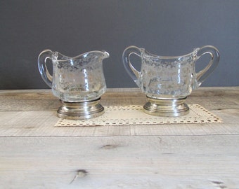Antique Etched Glass Creamer and Sugar Sterling Base Cambridge Glass Chantilly Design 1930's