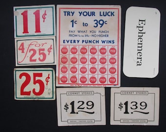 Vintage 1930's Punch Card Casino Games, Price Cards Cornet Stores Five and Dime Store Ephemera Craft Supply