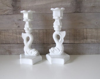 Westmoreland White Milk Glass Candleholders Candle Sticks Koi Fish Vintage Pair Home Decor Beach House