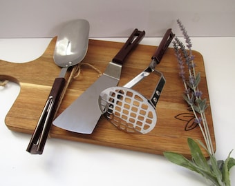 Stanhome Bakelite and Stainless Kitchen Utensils Brown Bakelite Handles 1930's 3-Piece Set Masher Scoop Spatula