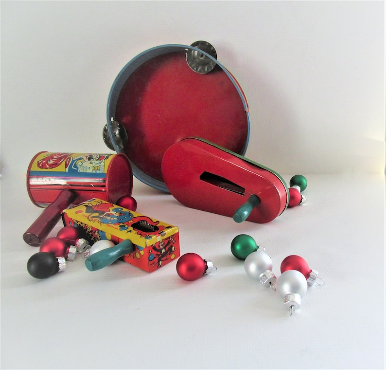 Vintage New Years Eve Noisemakers U.S Set of Four Tin Lithograph Metal Toy Company New Year Celebration Party Favors