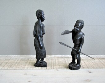 African Warrior Figures, African Folk Art, Wood Sculptures, Vintage, Black, Ebony, Tribal Couple