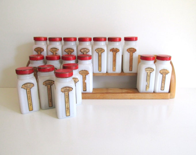 Griffiths Spice Jars Vintage White Milk Glass Red Lids Etsy