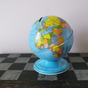 Tin Litho World Savings Bank Vintage Ohio Art Globe image 1