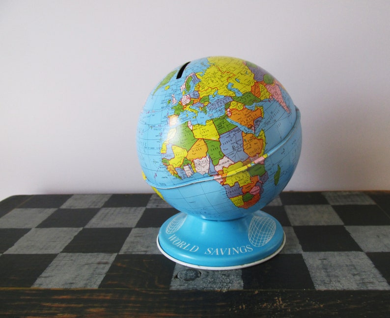 Tin Litho World Savings Bank Vintage Ohio Art Globe image 1