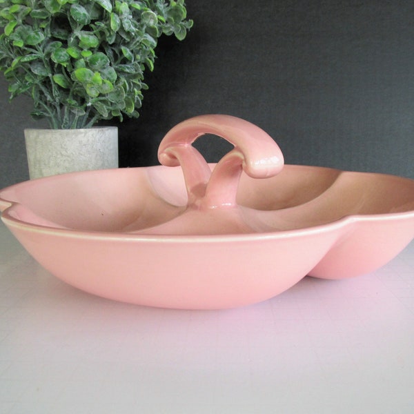 LU-RAY Pastels Pink Ceramic Condiment Relish Tray with Handle, Vintage Taylor, Smith & Taylor, Mid Century Replacement China Made in USA