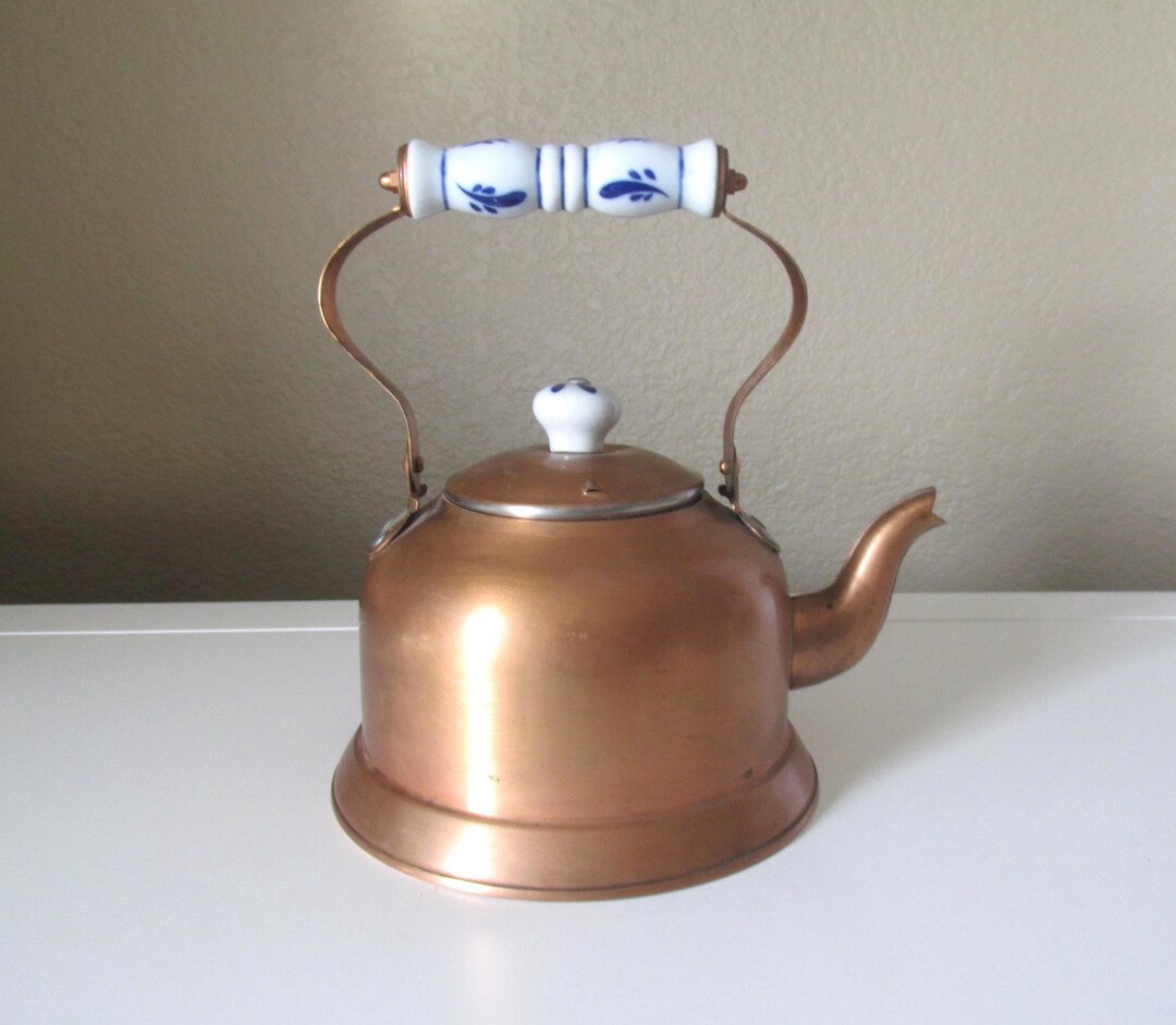 Vintage Copper Teapot Delft Blue White Porcelain Handle and Knob Rustic ...