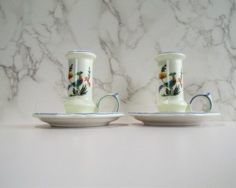 French Candlestick Holders Gien France Oiseaux de Paradis Bird of Paradise Pattern Set of Two