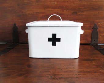 White Enamel Storage Tin Lidded Container with Handles Black Cross Medical Tin