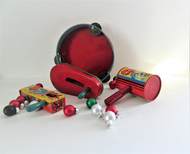 Vintage New Years Eve Noisemakers U.S Set of Four Tin Lithograph Metal Toy Company New Year Celebration Party Favors