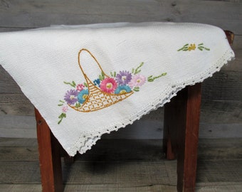 Embroidered Dresser Scarf Hand Stitched Floral Design 1950's Mid Century White Cotton