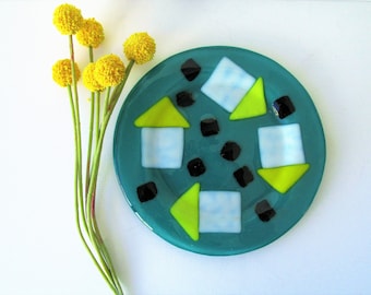 Modern Fused Art Glass Plate - Vintage - Turquoise - Yellow and White - Black - Fused Glass - Sushi Plate