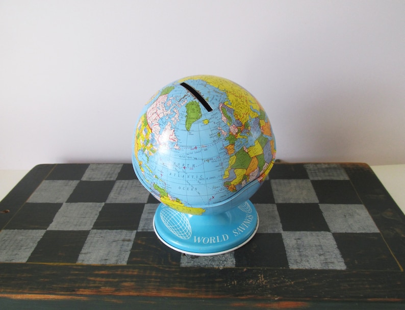 Tin Litho World Savings Bank Vintage Ohio Art Globe image 4