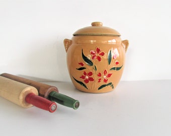 Stoneware Cookie Jar Yellow Ware Hand Painted Flowers 1930's Retro Kitchen Housewarming Gift Canister with Lid