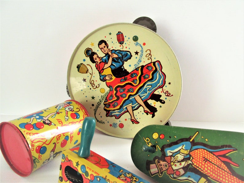 Vintage New Years Eve Noisemakers U.S Set of Four Tin Lithograph Metal Toy Company New Year Celebration Party Favors