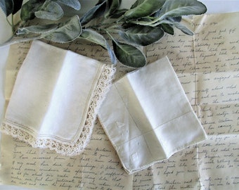 Two Vintage Handkerchiefs White on White Applique Crocheted Trim Pair of Ladies Hankies