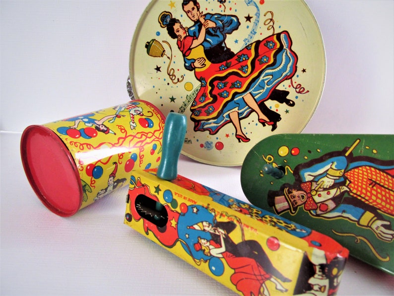 Vintage New Years Eve Noisemakers U.S Set of Four Tin Lithograph Metal Toy Company New Year Celebration Party Favors