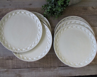 Secla Portugal Shell Plates White Crazing Set of Eight Vintage Dinner Plates Secla Pottery