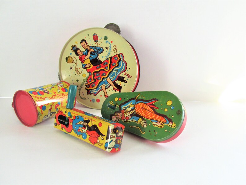 Vintage New Years Eve Noisemakers U.S Set of Four Tin Lithograph Metal Toy Company New Year Celebration Party Favors