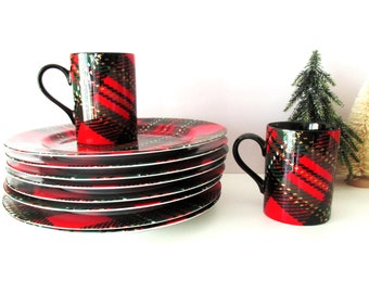Fitz and Floyd Country Plaid Porcelain Luncheon Plates Set of Six with Two Coffee Mugs Crafted in Japan Early 1990's