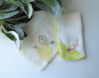 Vintage Pair of Handkerchiefs, Yellow on White Applique Flower,  Crocheted Sun Bonnet Sue, Pair of Ladies Hankies